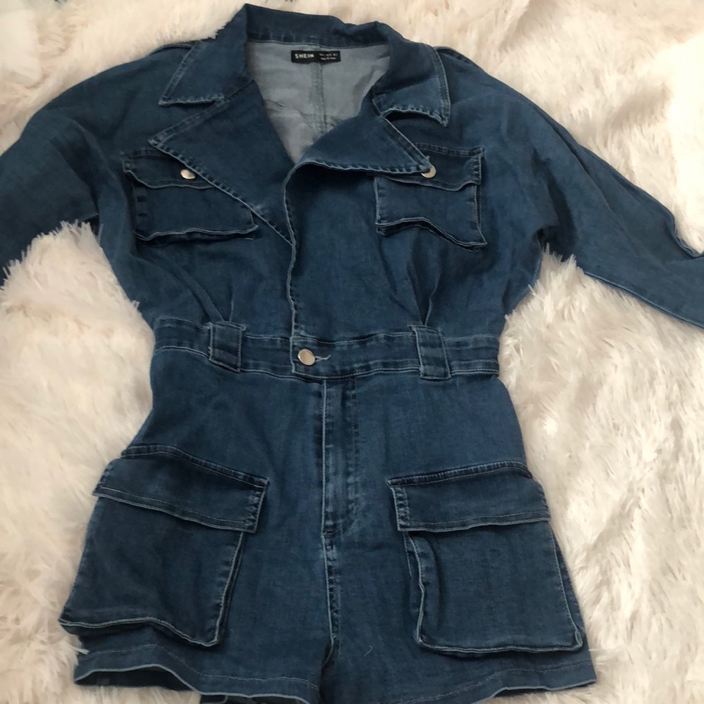 Denim long sleeve romper.